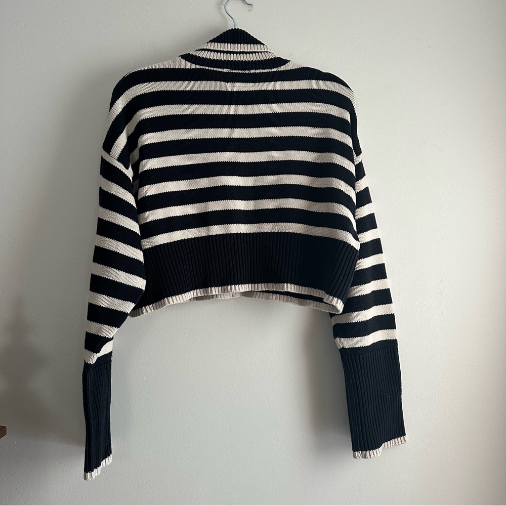 Denimist Cropped Sailor‎ Stripe Turtleneck Sweater in Black/Tan - Picture 8 of 11
